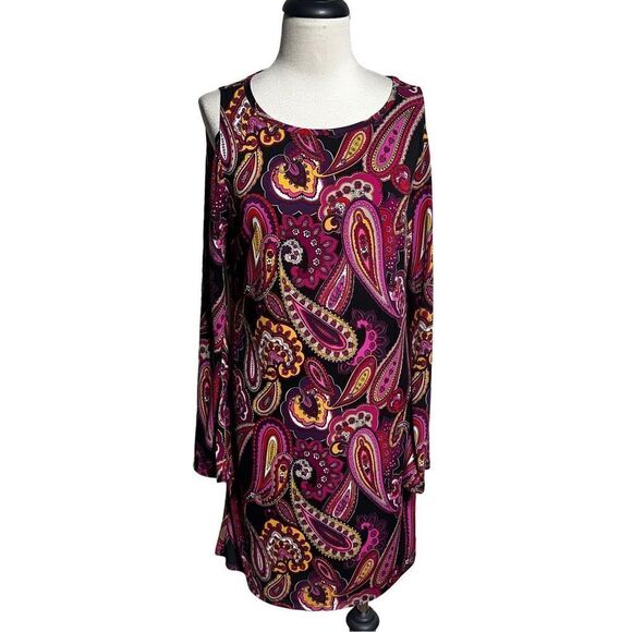 Trina Turk Retro 70's Trumpet Sleeve Paisley Cold Shoulder Mini Dress Size M - Picture 1 of 5